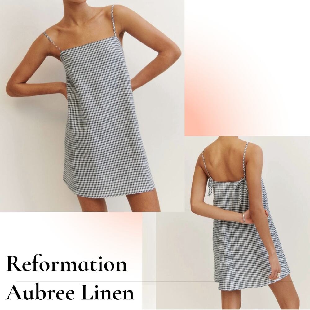 Reformation XL Aubree Linen Dress Gingham Slate Beachy Coastal Resort Natural